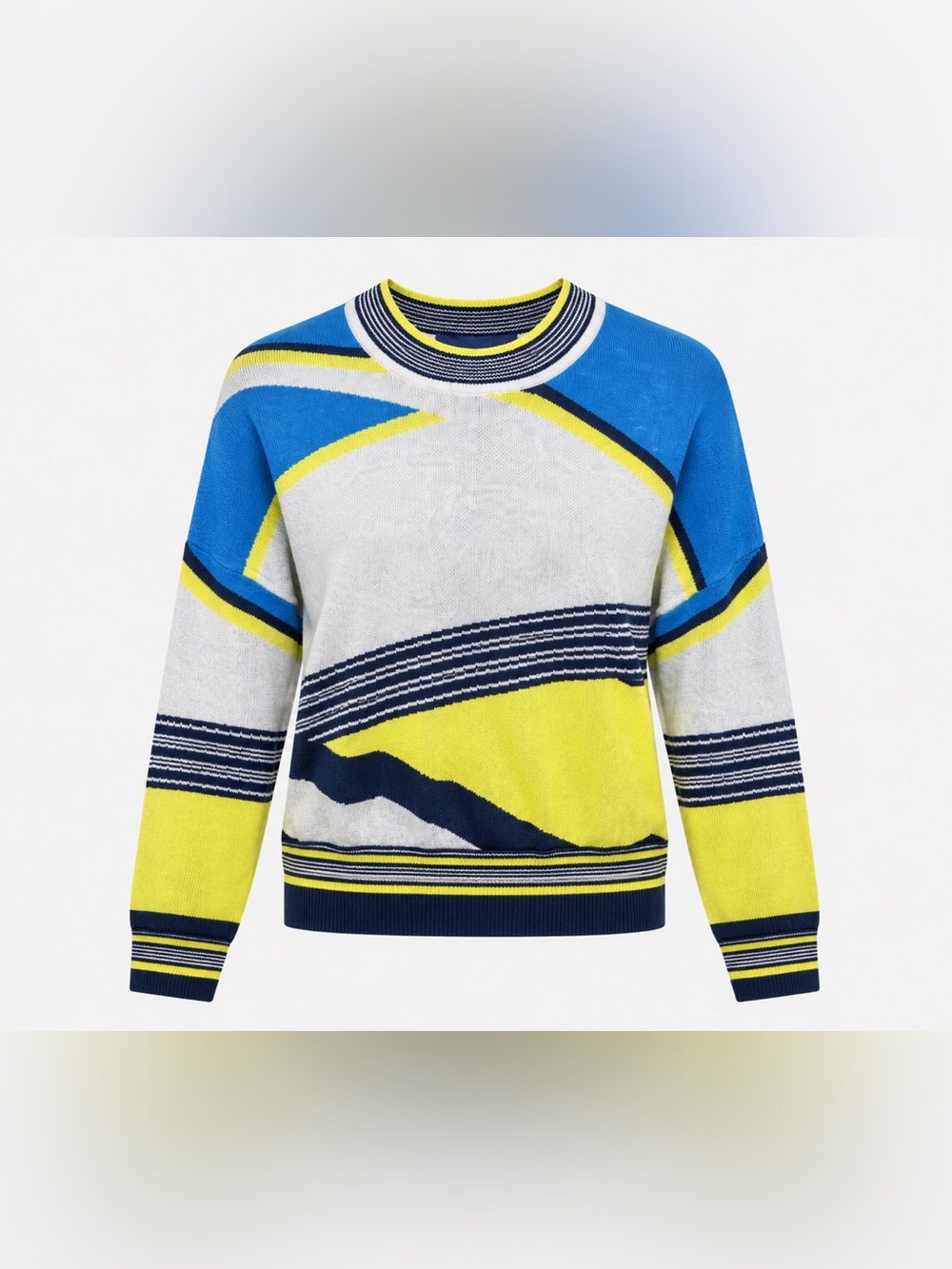 BCBGMAXAZRIA Multicolor Geometric Colorblock Cotton Sweater Blue Yellow XS